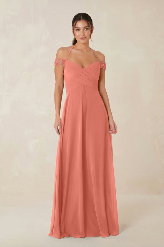 A-Line Off-the-Shoulder Chiffon Bridesmaid Dress in Wild Rose