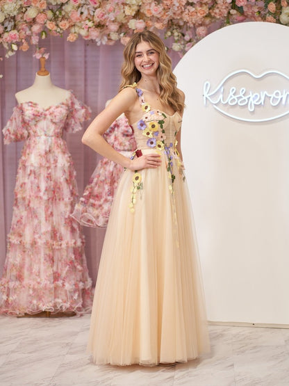 A-Line Corset Midi Prom Dress with 3D Flowers