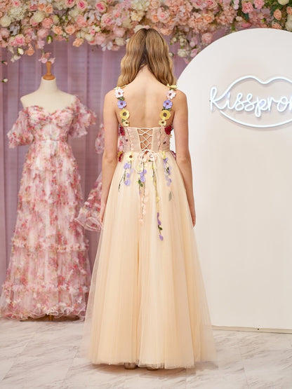 A-Line Corset Midi Prom Dress with 3D Flowers