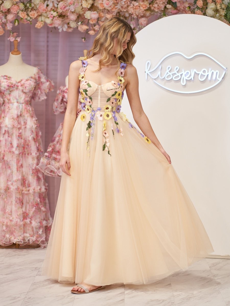 A-Line Corset Midi Prom Dress with 3D Flowers