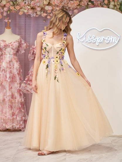 A-Line Corset Midi Prom Dress with 3D Flowers