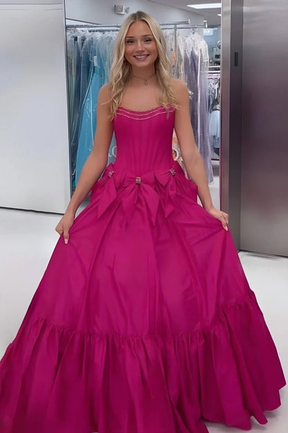 A-Line Black Strapless Satin Long Prom Dresses with Bow Knots