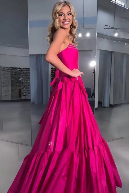 A-Line Black Strapless Satin Long Prom Dresses with Bow Knots