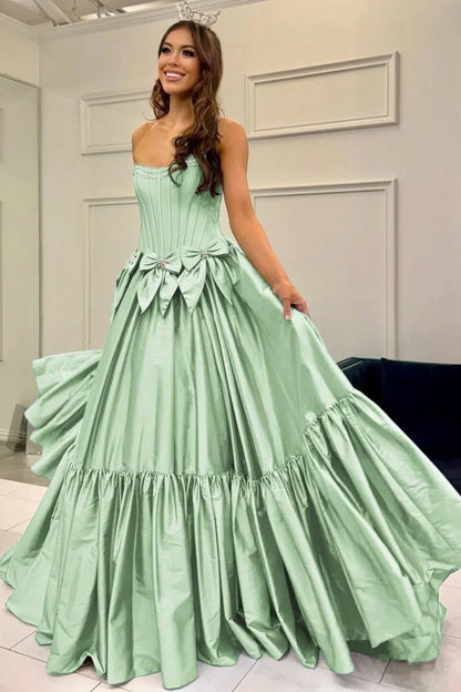 A-Line Black Strapless Satin Long Prom Dresses with Bow Knots