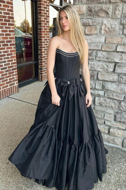 A-Line Black Strapless Satin Long Prom Dresses with Bow Knots