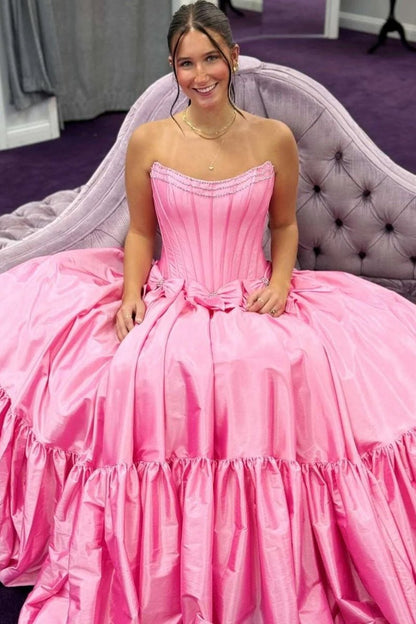 A-Line Black Strapless Satin Long Prom Dresses with Bow Knots