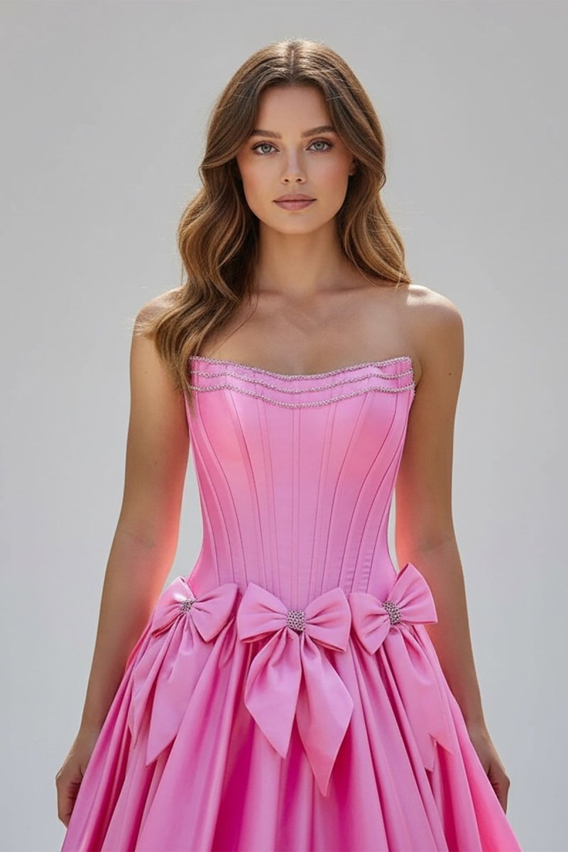 A-Line Black Strapless Satin Long Prom Dresses with Bow Knots