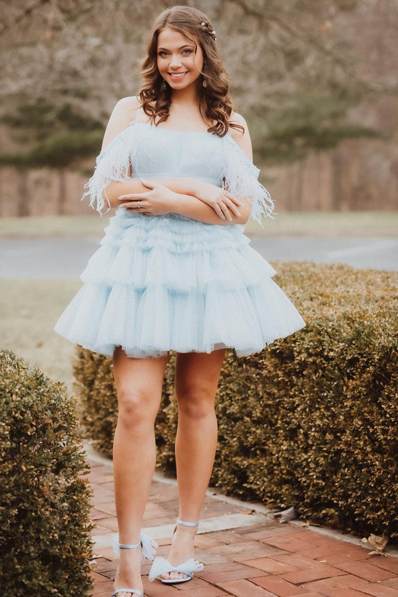 A Line Pink Glitter Tulle Homecoming Dress with Feather
