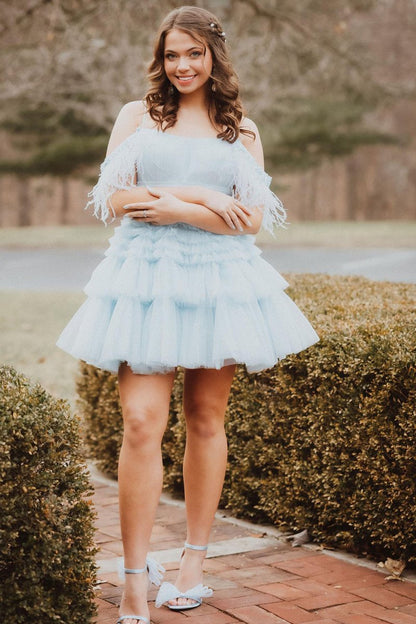A Line Pink Glitter Tulle Homecoming Dress with Feather
