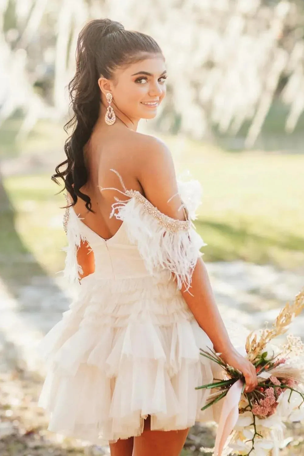 A Line Pink Glitter Tulle Homecoming Dress with Feather