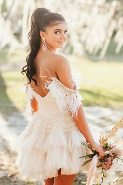 A Line Pink Glitter Tulle Homecoming Dress with Feather