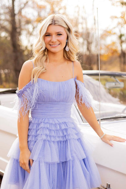 A Line Pink Glitter Tulle Homecoming Dress with Feather