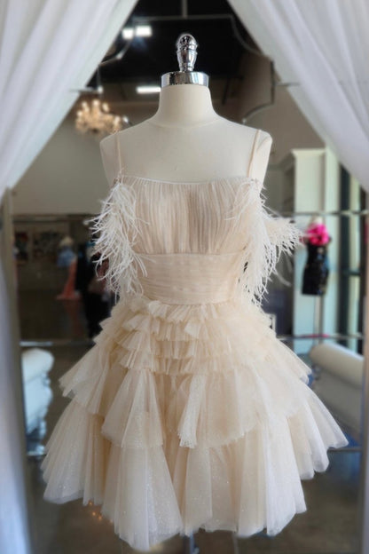 A Line Pink Glitter Tulle Homecoming Dress with Feather