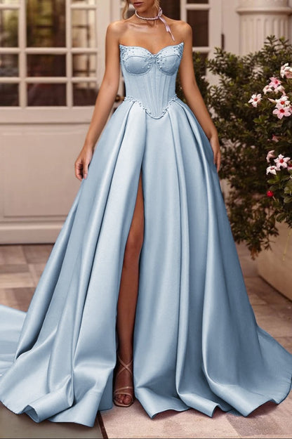 A-Line Lilac Sweetheart Satin Long Corset Prom Dress with Slit (Gloves are not Included)