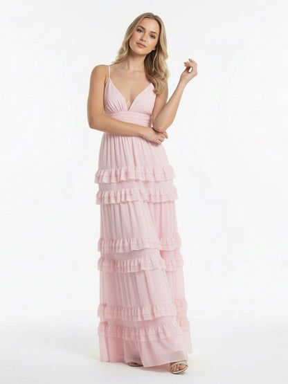 A Line Pink Chiffon Tiered Ruffles Long Prom Dress
