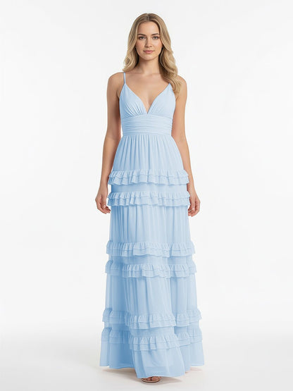 A Line Pink Chiffon Tiered Ruffles Long Prom Dress