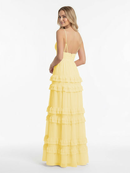 A Line Pink Chiffon Tiered Ruffles Long Prom Dress