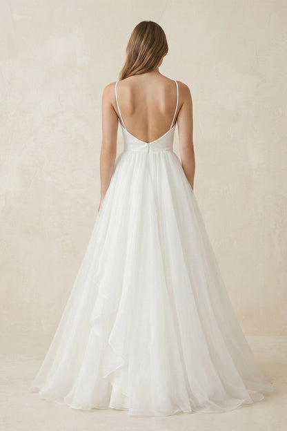 A Line Sleeveless Chiffon Deep V Neck Simple Long Beach Wedding Dress