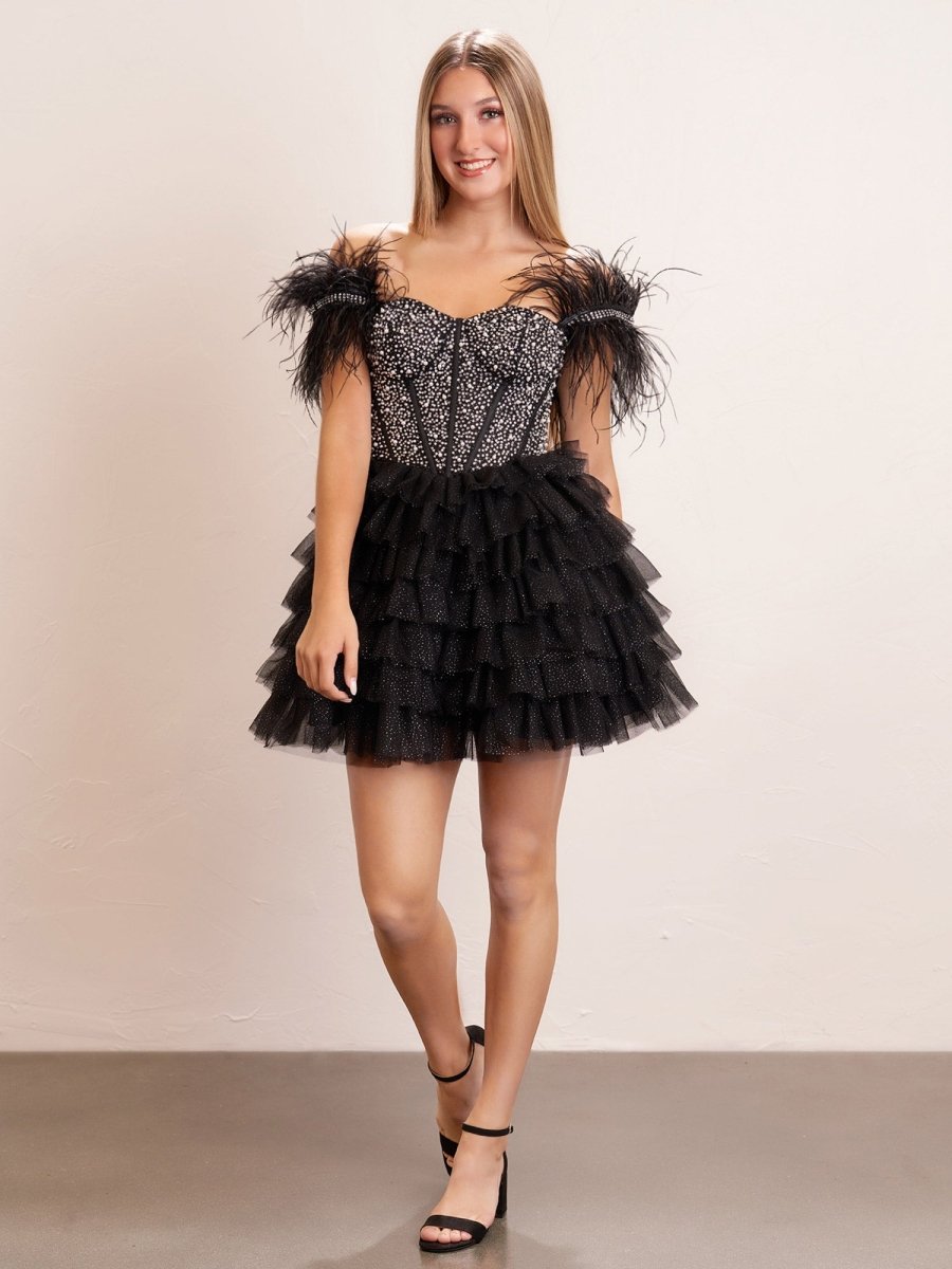 A Line Off the Shoulder Beaded Homecoming Dress with Feathers