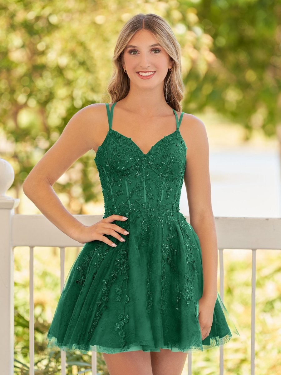 A-Line Lace Spaghetti-Straps Black Short Homecoming Dress