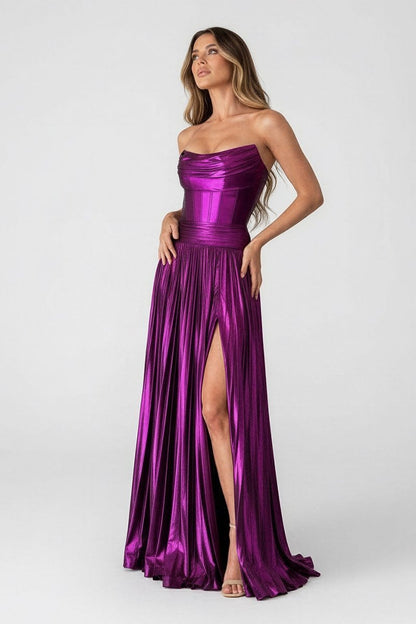 A Line Strapless Purple Pleated Metallic Long Prom Dress with Slit