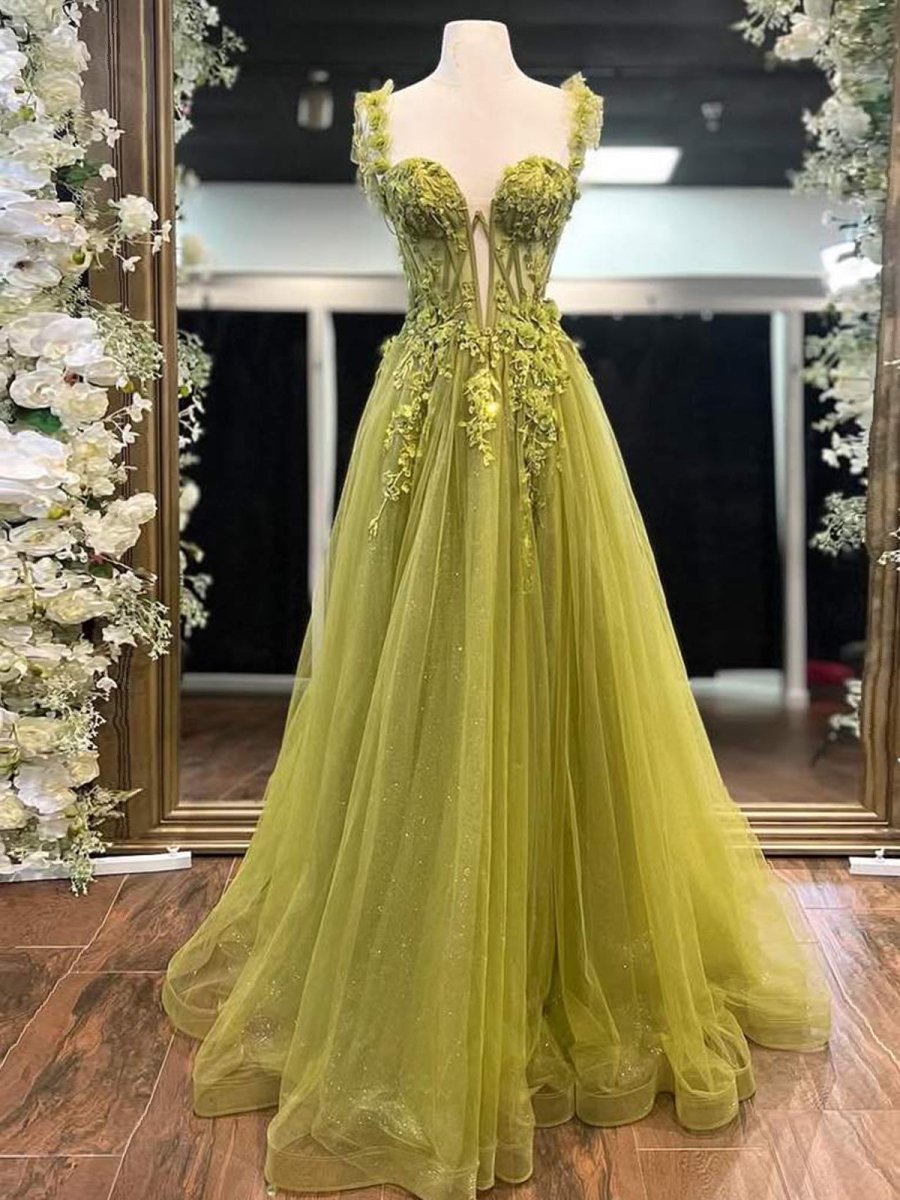 A-Line Olive Spaghetti Straps Tulle Long Prom Dresses with Lace Appliques