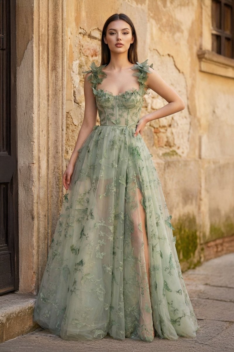 A-line Butterfly Lace Lilac Corset Prom Dress with Slit