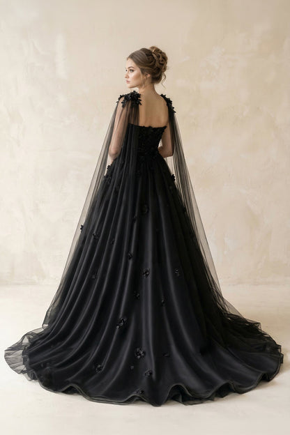 A-Line Black Gothic Wedding Dress 3D Flowers Tulle With Cape