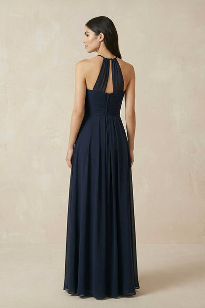 A-Line Halter Neck Pleated Chiffon Bridesmaid Dress in Dark Navy