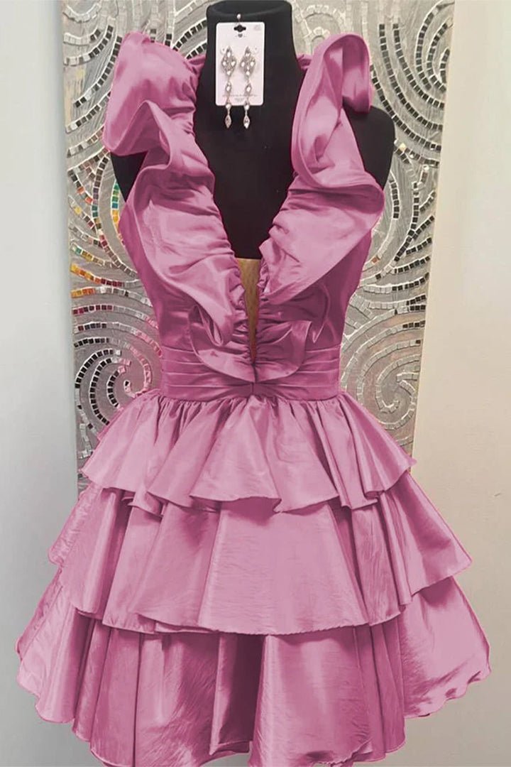 A-Line Deep Halter Satin Short Homecoming Dress with Ruffles