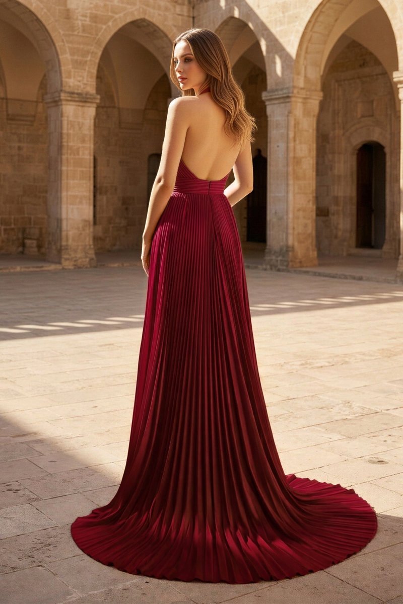 A-Line Halter Backless Pleated Blue Chiffon Long Prom Dresses