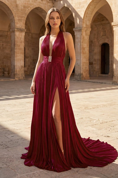 A-Line Halter Backless Pleated Blue Chiffon Long Prom Dresses
