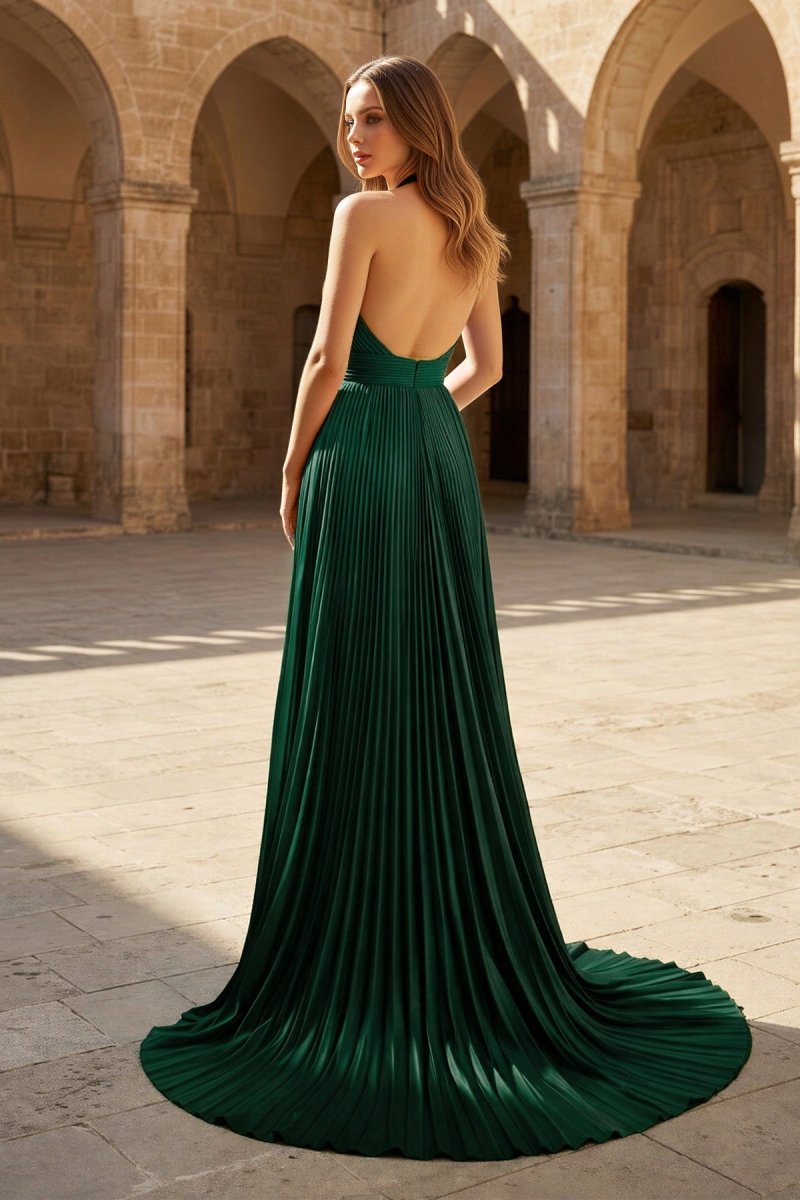 A-Line Halter Backless Pleated Blue Chiffon Long Prom Dresses