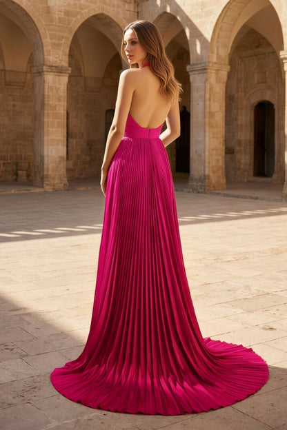 A-Line Halter Backless Pleated Blue Chiffon Long Prom Dresses