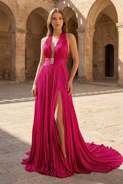 A-Line Halter Backless Pleated Blue Chiffon Long Prom Dresses