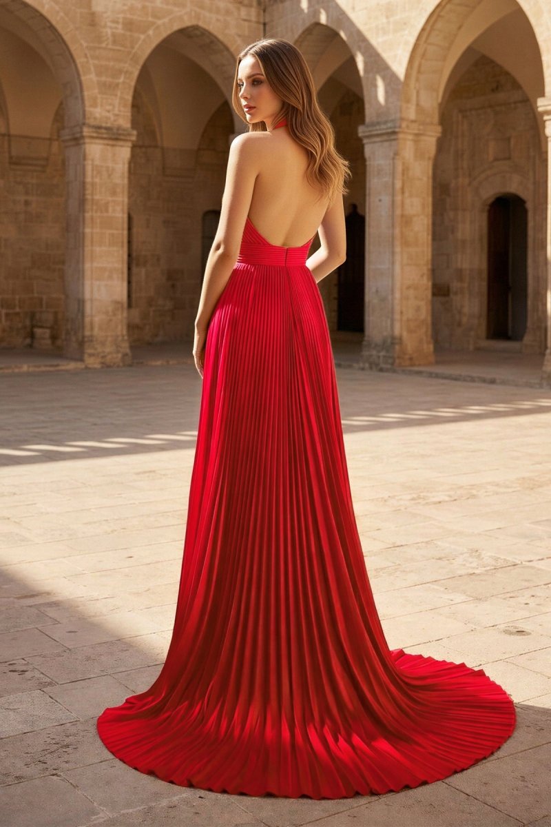 A-Line Halter Backless Pleated Blue Chiffon Long Prom Dresses