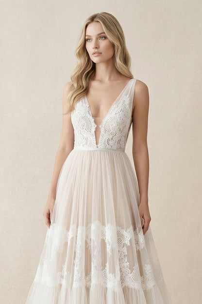 A-Line Lace Bohemian V-neck Wedding Dress With Low-V Back And Appliques