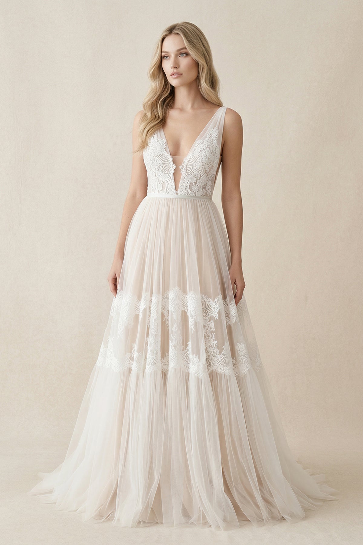 A-Line Lace Bohemian V-neck Wedding Dress With Low-V Back And Appliques