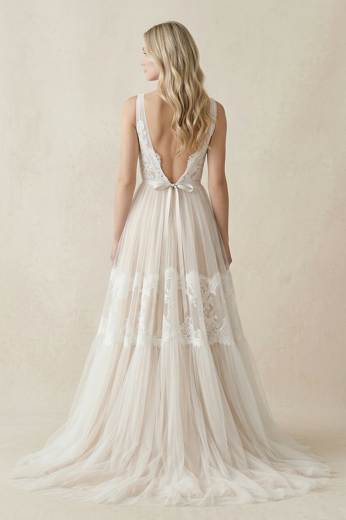 A-Line Lace Bohemian V-neck Wedding Dress With Low-V Back And Appliques