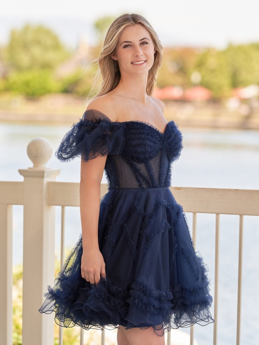 A Line Sweetheart Puff Sleeves Short Homecoming Dress With Ruffles