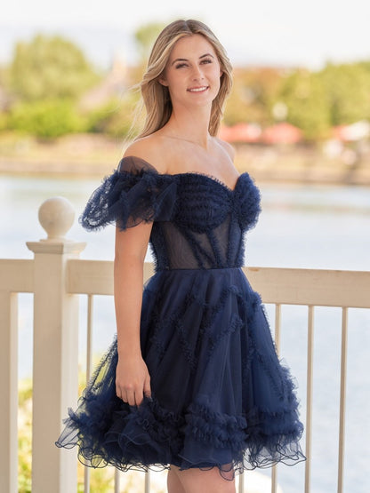 A Line Sweetheart Puff Sleeves Short Homecoming Dress With Ruffles