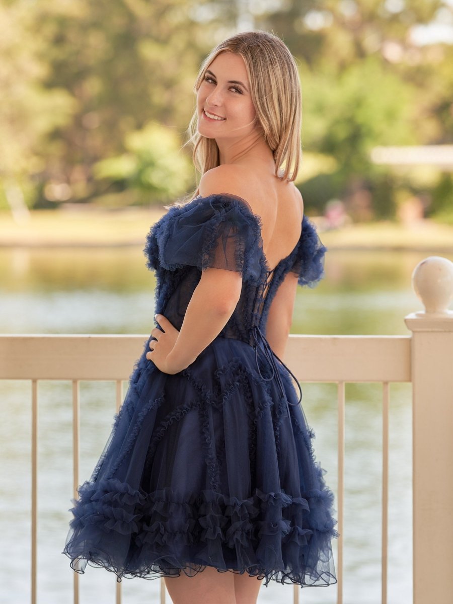 A Line Sweetheart Puff Sleeves Short Homecoming Dress With Ruffles