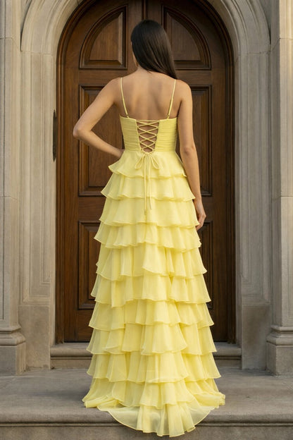 A Line Spaghetti Straps Yellow Long Prom Dress with Ruffles