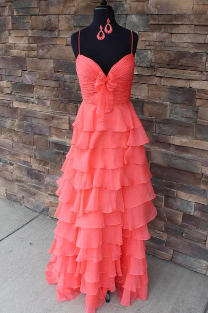 A Line Spaghetti Straps Yellow Long Prom Dress with Ruffles