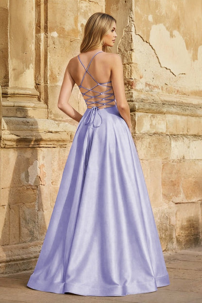 A Line Royal Blue Spaghetti Straps Satin Prom Dress With Pockets