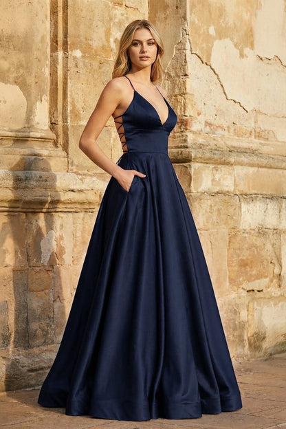A Line Royal Blue Spaghetti Straps Satin Prom Dress With Pockets