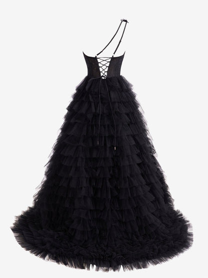 A Line One Shoulder Tiered Long Prom Dress