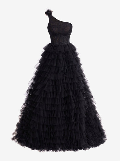 A Line One Shoulder Tiered Long Prom Dress