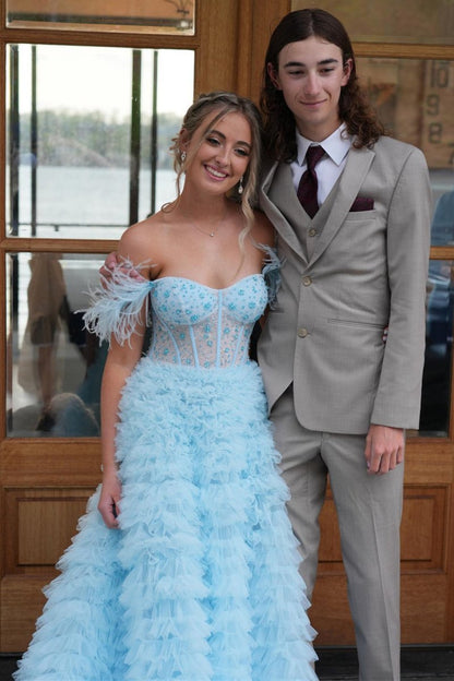 A Line Sweetheart Tiered Tulle Long Prom Dress With Slit