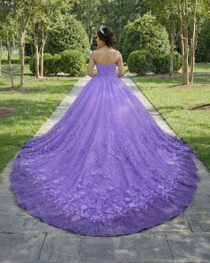 A Line Purple Lace Sweetheart With Corset Back Quinceanera Dresses